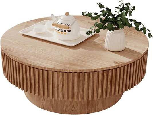 31.5'' Round Coffee Table for Living Room, Fluted Coffee Table with Hidden Storage, Solid Wood Circle Table, Modern Tea Table for Small Space Apartment-Natural Wood 31.5''D×14''H