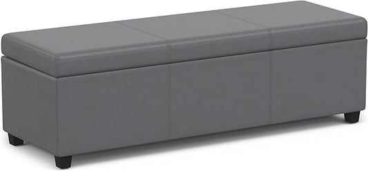 SIMPLIHOME Avalon 54 inch Wide Contemporary Rectangle Extra Large Storage Ottoman Bench in Stone Grey PU faux leather, Assembled, For the Living Room, Entryway and Family Room
