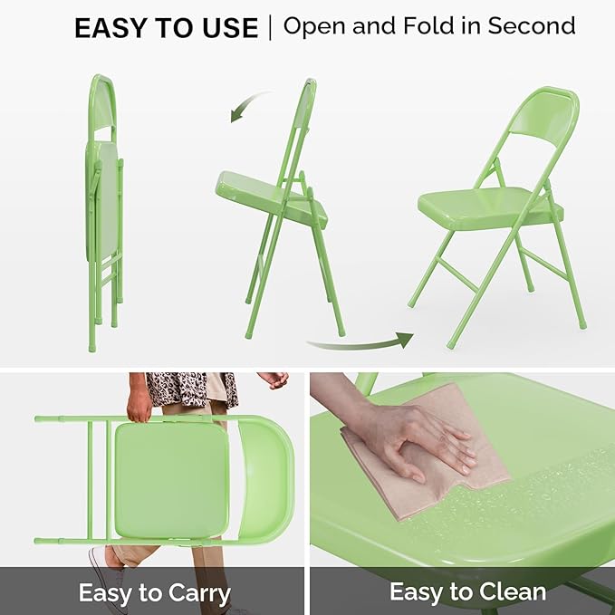 VINGLI Folding Chairs All Steel Metal Frame, Capacity 350 lbs, Durable Portable and Versatile for Indoor Outdoor Use, Green, Set of 4