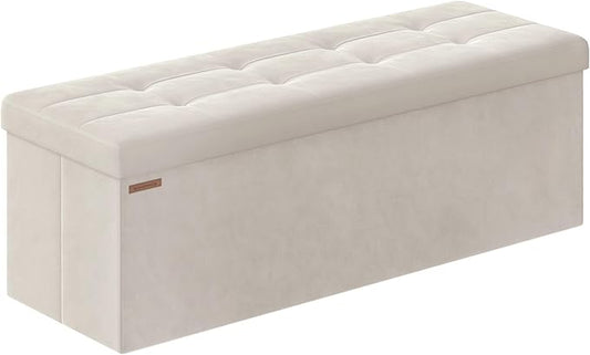 SONGMICS Mazie Collection - Storage Ottoman Bench, Foldable Foot Rest, 15 x 43 x 15 Inches, End of Bed Bench, Storage Chest, Load 660 lb, Living Room, Bedroom, Entryway, Cream White ULSF277W01