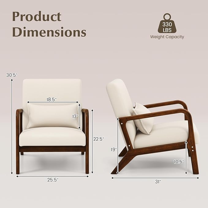 KOMFOTT Mid-Century Modern Accent Chair, Indoor Living Room Leisure Chair with Cushioned Seat & Back, Upholstered Armchair with Rubber Wood Frame & Lumbar Pillow, Lounge Chair for Bedroom, Beige
