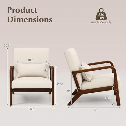 KOMFOTT Mid-Century Modern Accent Chair, Indoor Living Room Leisure Chair with Cushioned Seat & Back, Upholstered Armchair with Rubber Wood Frame & Lumbar Pillow, Lounge Chair for Bedroom, Beige