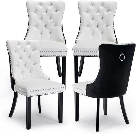 Leather Upholstered Dining Chairs Set of 4, Modern Style Kitchen Side Chairs with Nailhead Trim and Wood Leg, Metal Pulling Ring for Dining Room Living Room(Black&White,Set of)