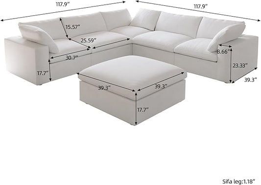 Cloud Couch Modular Sectional Sofa with Storage Ottomans,160.6" Down Filled 6 Seater Convertible Sectional Sofas,V Shaped White Couch for Living Room,Covers Washable&Replaceable
