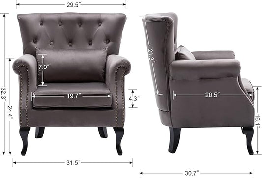 Mid Century Modern Accent Chair Upholstered Armchair Comfy Velvet Fabric Single Sofa with Tufted Wingback for Small Spaces Bedroom Living Room, Grey