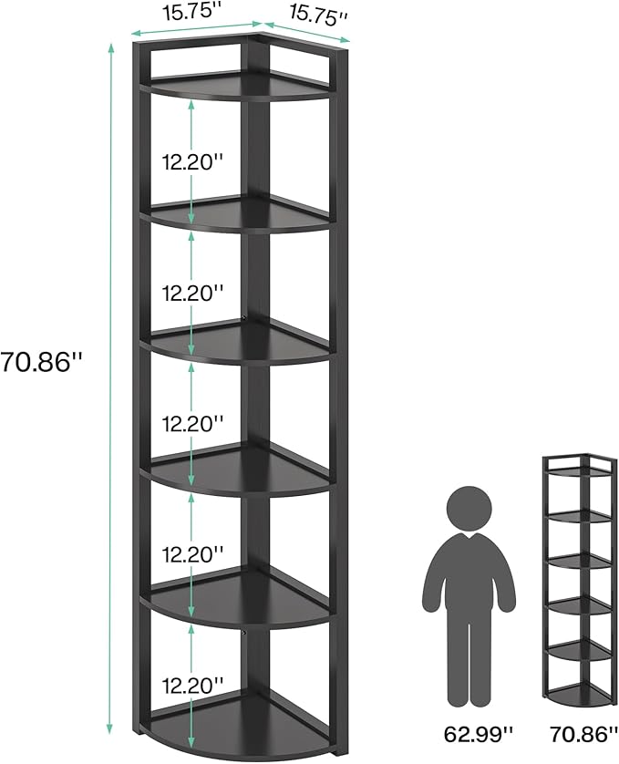 TRIBESIGNS WAY TO ORIGIN Corner Shelf, 70.9 Inch Tall Corner Bookshelf, 6 Tier Ladder Shelf with Metal Frames Multifunctional Modern Bookcase for Living Room, Home Office, Kitchen, Small Space (Black)