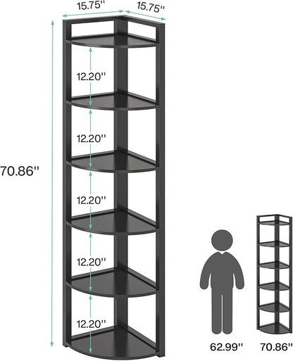 TRIBESIGNS WAY TO ORIGIN Corner Shelf, 70.9 Inch Tall Corner Bookshelf, 6 Tier Ladder Shelf with Metal Frames Multifunctional Modern Bookcase for Living Room, Home Office, Kitchen, Small Space (Black)