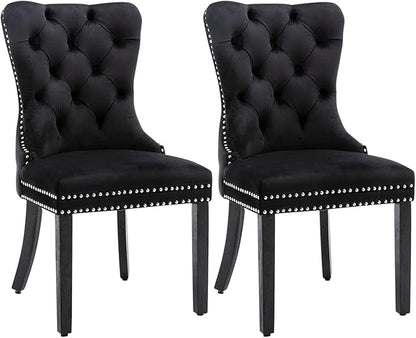 Velvet Dining Chairs Set of 2, Tufted Dining Room Chairs with Nailhead Ring Pull Trim, Upholstered Dining Chairs with Solid Wood Legs for Kitchen Dining Room (Black)