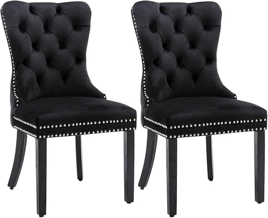 Velvet Dining Chairs Set of 2, Tufted Dining Room Chairs with Nailhead Ring Pull Trim, Upholstered Dining Chairs with Solid Wood Legs for Kitchen Dining Room (Black)