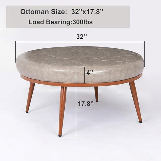 Round Ottoman Coffee Table - PU Leather Fabric, Metal Frame, Thick Cushioned Tabletop for Living Room, Therapy Room, or Style Lovers - Perfect as Coffee Table, Footstool, or Chair-Grey