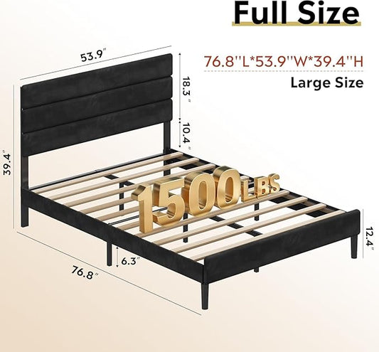 WLIVE Full Size Upholstered Bed Frame, Velvet Square Tufted Headboard,Sturdy Metal & Wooden Slats Support, No Box Spring Needed, Black