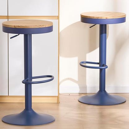 Kidol & Shellder Bar Stools Set of 2 Round Adjustable Swivel Barstools Modern Backless Bar Chairs Wooden Seat Counter Height Stools Armless for Kitchen Island, Cafe, Dining Room Blue