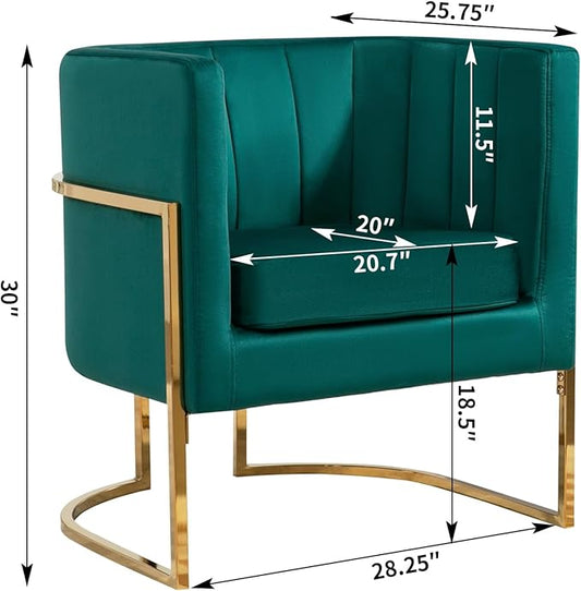 Velvet Modern Accent Chair, Upholstered Barrel Armchair Mid Century with Pillow for Living Room, Comfy Single Vnaity Chair with Metal Gold Legs for Bedroom, Green
