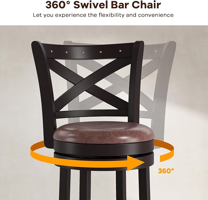 COSTWAY Bar Stools Set of 4, 30" Swivel Bar Height Bar Chairs with Copper Nails, Upholstered Seat, X-Shaped Backrest, Solid Rubber Wood Frame, for Kitchen Island Pub Bar