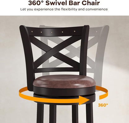 COSTWAY Bar Stools Set of 2, 26" Swivel Counter Height Bar Chairs with Copper Nails, Upholstered Seat, X-Shaped Backrest, Solid Rubber Wood Frame, for Kitchen Island Pub Bar