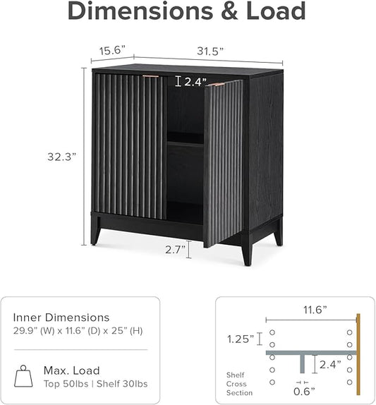 mopio Brooklyn Storage Cabinet, Modern Farmhouse Entryway Accent Case, Buffet Sideboard, Console Table, Credenza, Wood Modular Organizer with Doors & Shelf, Fluted Panel Cupboard (Black, Single)