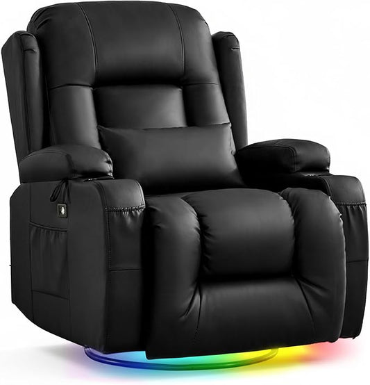URRED Rocker Recliner Chair for Adults, 270° Swivel Glider Reclining Single Sofa with LED Ambient Light, Cup Holders and Side Pockets, Faux Leather Recliner for Living Room or Home Theater, Black