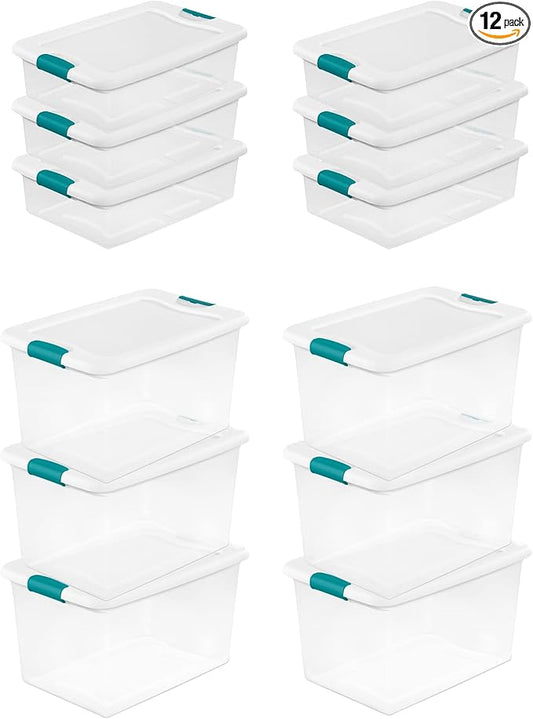 Sterilite 12-Pack Latching Box, Clear Plastic Storage Bins with Lids, 64 & 32 Quart - Heavy-Duty Organizing Containers for Closet and Office