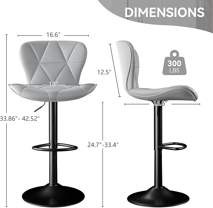 Bar Stools Set of 2,Faux Leather Bar Chairs,Upholstered Counter Height with High Backrest for Kitchen Island, Light Grey