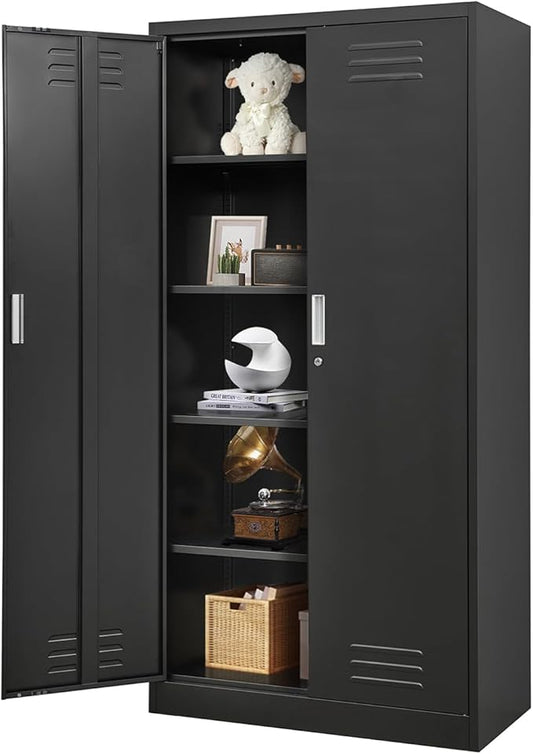 Metal Storage Cabinet with Locking Doors and Shelves, 71" Large Garage Locker with 4 Adjustable Shelves, Steel File Cabinet for Office, Garage, Home & Pantry (Black)