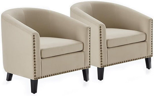 BELLEZE Accent Barrel Chair Set of 2, Modern Tub Club Chair Upholstered Armchair with Gold Nail Head Trim and Black Legs for Living Room Bedroom Apartment Lounge - Beige/Linen