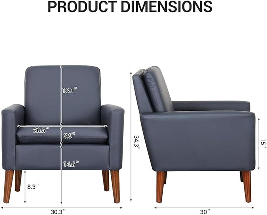 Lohoms Faux Leather Accent Chair for Living Room, Mid-Century Modern Comfy Reading Leisure Chairs for Bedroom, Upholstered Armchair for Apartment/Office/Waiting Room, Wood Legs, Dark Blue