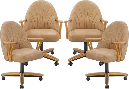 Chromcraft Set of 4 Caster Swivel Tilt Dining Chairs, PU Leather Chairs with Soft Wheels, Ultra Comfy Sturdy Kitchen Room Chairs, Rolling Chair on Wheels for Home (Ivanhoe NPL Nude)