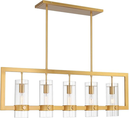 Possini Euro Design Camden Brass Island Linear Pendant Chandelier 42" Wide Modern Open Rectangle Frame Clear Glass Tube Shades 5-Light Fixture for Dining Room House Foyer Kitchen Entryway Bedroom