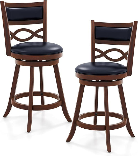 COSTWAY Bar Stools Set of 2, 24.5” Counter Height Stools with Rubber Wood Frame, Faux Leather Upholstered Seat and Backrest, Swivel Barstools for Kitchen Island, Pub, Brown (2, Seat Height: 24.5”)