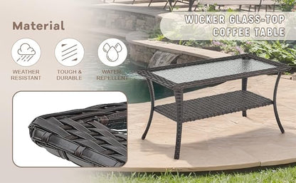 Swivel Patio Chairs sofa Set of 7 with 6" Thick Cushion - Wicker Outdoor Swivel Rocker Patio Chair ,Sofa/Glass coffee table, High Back Comfortable Outdoor Glider Chairs - Brown Wicker | Gery Cushions