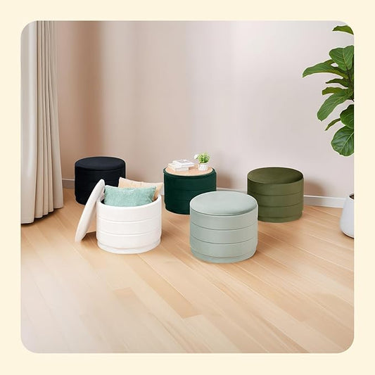PINPLUS Large Round Velvet Storage Ottoman, Bottle Green Upholstered Footstool with Hidden Storage, Sturdy Coffee Table Ottoman for Living Room & Bedroom