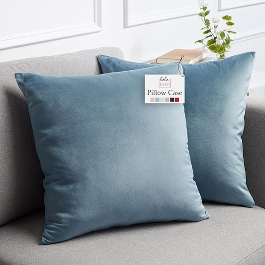 lalaLOOM Velvet Throw Pillow Covers, Set of 2, 24x24 Decorative Square Pillows Home Decor, Soft Accent Cases, Silky Machine Washable Pillowcases for Sofa, Couch, Bedroom, Living Room, Stone Blue