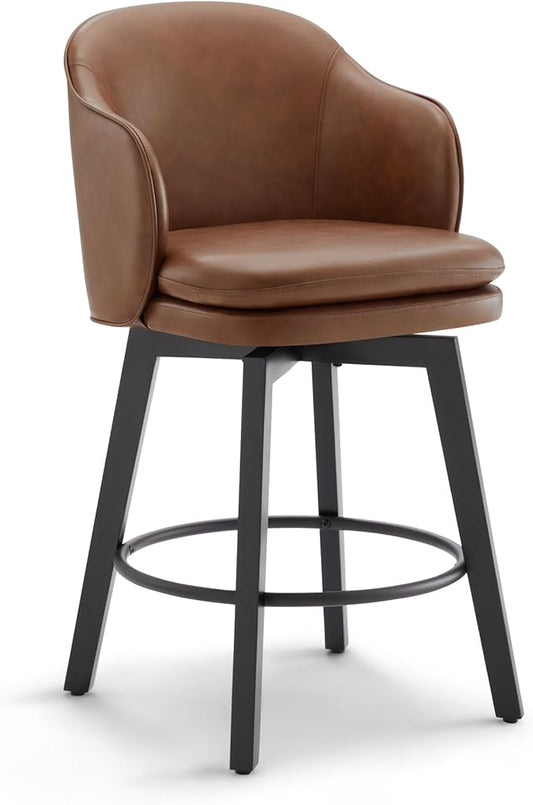Counter Height Barstools 26 inch Upholstered Swivel Bar Stools with Back and Wood Legs for Kitchen Island,Set of 1,Brown PU Leather