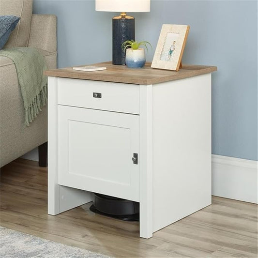 Sauder Homeplus Robot Vacuum Storage Side Table End Table Cabinet for Living Room, Bedroom, in Soft White