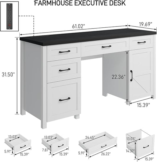 Farmhouse 61" Executive Desk with 5 Drawers,Rustic Office Computer Desk with Charging Station,File Drawers and Storage Cabinet, Wood Workstation for Home Office and Study, Black.