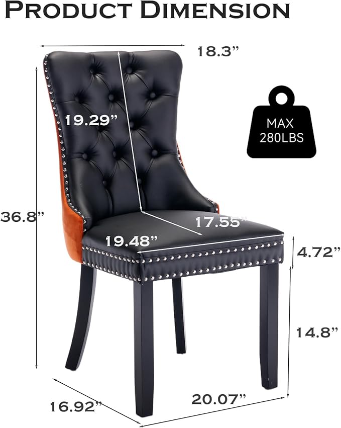 PU Upholstered Dining Chairs Set of 2, Modern Style Kitchen Side Chairs with Nailhead Trim and Wood Leg, Metal Pulling Ring for Dining Room Living Room(Black&Orange,Set of 2)