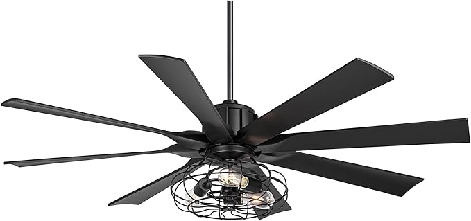 Possini Euro Design 60" Defender Modern Industrial Indoor Ceiling Fan with LED Light Remote Control Matte Black Metal Cage for Living Kitchen House Bedroom Family Dining Home Office Kids Room