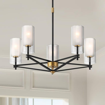 Possini Euro Design Nyack 25" Modern Pendant Chandelier Ceiling Light Fixture Dining Room Over Table Kitchen Island Foyer Open Frame Hanging 5-Light Black Gold Finish White Glass Hallway Entryway