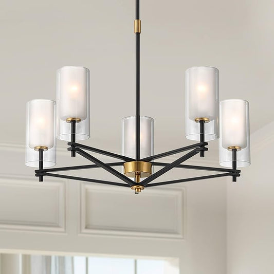 Possini Euro Design Nyack 25" Modern Pendant Chandelier Ceiling Light Fixture Dining Room Over Table Kitchen Island Foyer Open Frame Hanging 5-Light Black Gold Finish White Glass Hallway Entryway