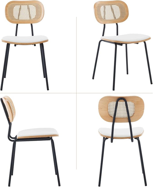 Mid-Century Modern Rattan Cane Back Dining Chairs Set of 4 — PU Leather Upholstered Seat, Black Metal Legs, Kitchen Side Chairs for Kitchen & Dining Room, White