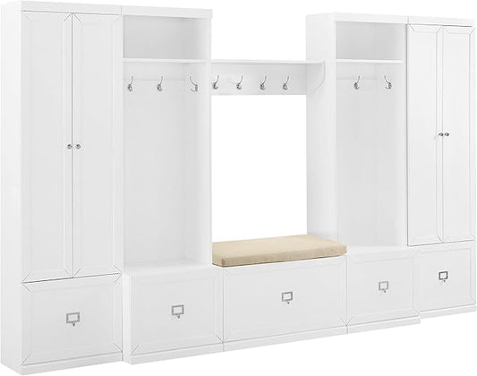 Crosley Furniture Harper 6-Piece Hall Tree, Storage Cabinet, Shoe Rack Bench, and Wall Shelf Set with Hooks, White