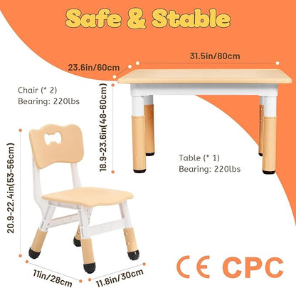 FUNLIO Kids Table and 2 Chairs Set for Ages 3-8, Height Adjustable Toddler Table and Chair Set, Easy to Wipe Arts & Crafts Table, for Classrooms/Daycares/Homes, CPC & CE Approved (3pcs Set) - Natural