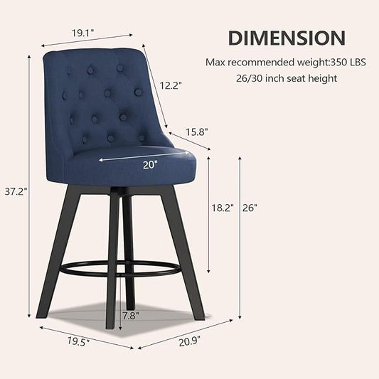 MINCETA Set of 4 Upholstered Bar Stools - 26 Inch Swivel Counter Height Stools with Low Tufted Back, Footrest & Performance Fabric - Round Seat for Kitchen Island & Home Bar Blue
