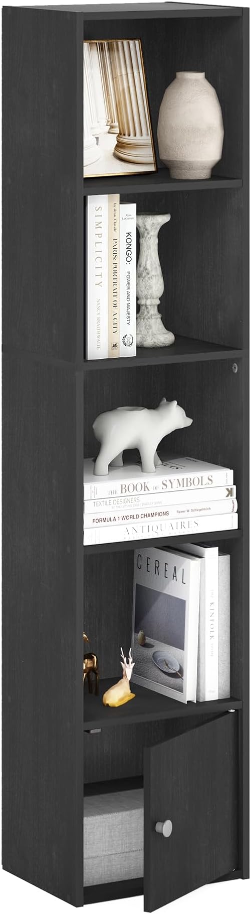 Furinno LUDER Book Shelf, 5-Tier Modern Bookshelf, Bookcase with 1 Door Storage Cabinet, 9.3 x 12 x 52, for Living Room, Bedroom, Home Office, Blackwood