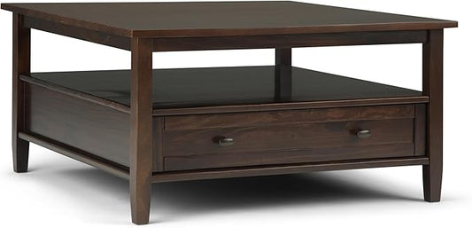 SIMPLIHOME Warm Shaker Square Coffee Table - 36 inch Wide Solid Wood Cocktail Table in Tobacco Brown, Transitional Living Room Table with Large Storage Drawer and Open Shelf for Sitting Area