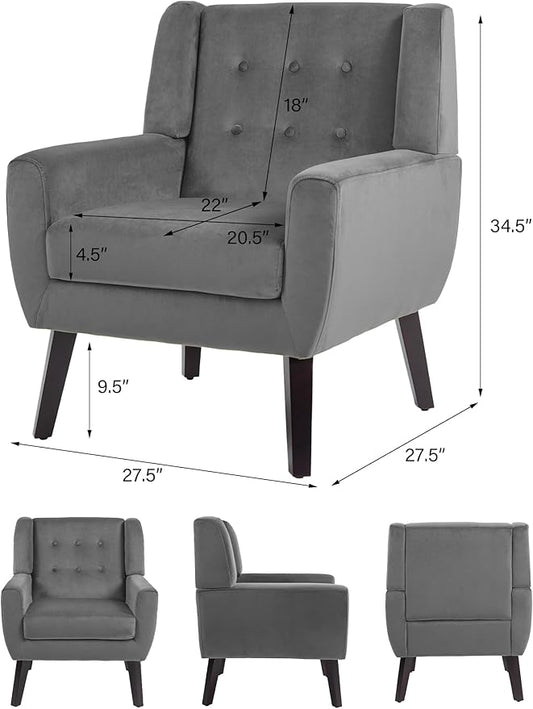 Accent Chair, Mid-Century Modern Velvet Fabric Chairs with Arms for Living Room, Comfy Upholstered Club Single Sofa Armchair for Bedroom Waiting Room with Solid Wood Frame (Velvet Grey, Set of 1)
