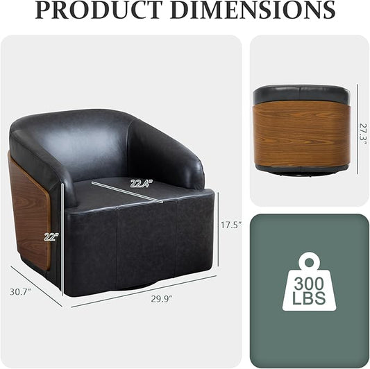 Genuine Leather Swivel Accent Chair Swivel Barrel Chair Comfortable Mid Century Modern Chair Upholstered Metal Base Armchair for Living Room Bedroom Office Large Vintage Black