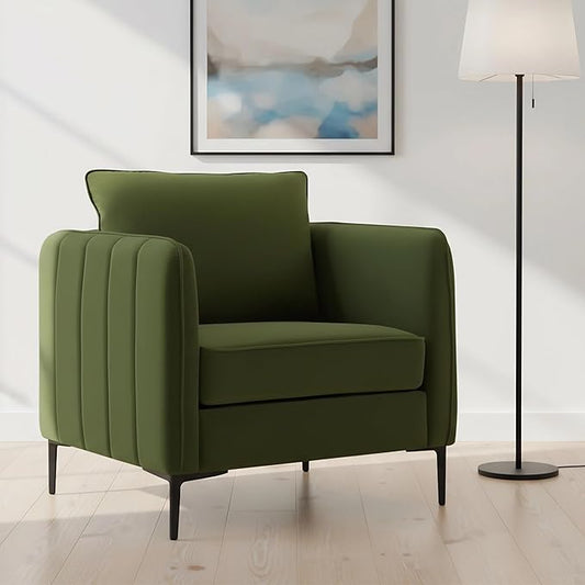 Velvet Accent Chair, Comfy Upholstered Single Sofa Chair Mid-Century Modern Armchair with Thick Cushion and Wood Frame Side Chair for Living Room Bedroom Apartment (Green)