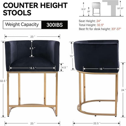 Contemporary Black Velvet Bar Stools Set of 3, 24" Upholstered Fabric Counter Height Barstools Kitchen Counter Island Stools with Screwed Together Golden Metal Base