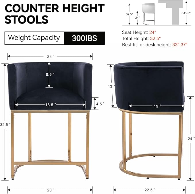 Contemporary Black Velvet Bar Stool, 24" Upholstered Fabric Counter Height Barstool Kitchen Counter Island Stool with Screwed Together Golden Metal Base